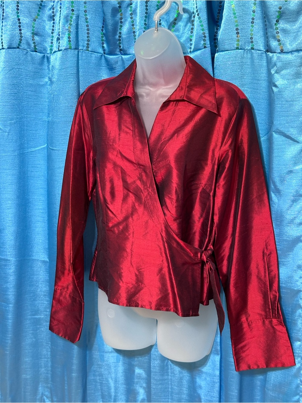 Sunny Leigh Shiny Red Satin 100 % silk Wrap Shirt Blouse